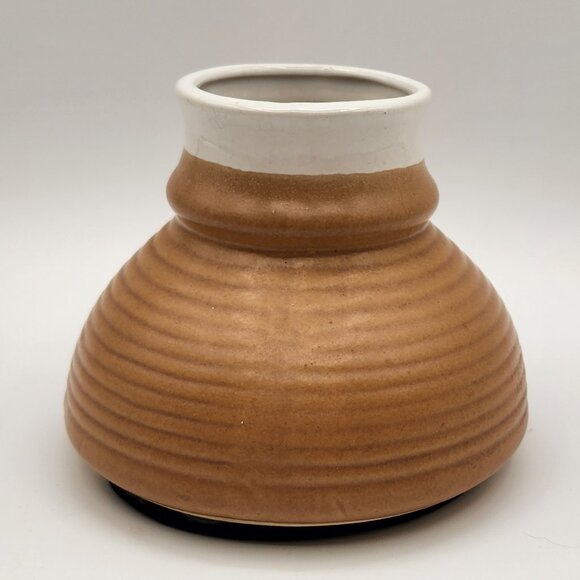 Vintage Cream Brown Glaze Ribbed Pottery No Spill Retro Travel Coffee Mug 14 oz - Picture 4 of 7